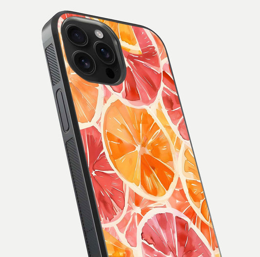 Orange Fruits Pattern Glass Case for iPhone 16 Pro Max close-up angled shot showing juicy fruit texture and reflection