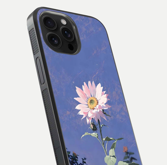 Pink Sunflower Glow Glass Case for iPhone 16 Pro Max close-up angled shot highlighting petal texture and reflection