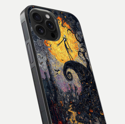 Pumpkin Moon Night Glass Case for iPhone 16 Pro Max close-up angled shot showing moon reflection and Halloween glow