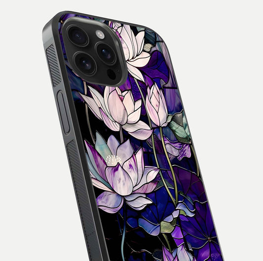Purple Lotus Pattern Glass Case for iPhone 16 Pro Max close-up angled shot showing petal texture and HD reflection
