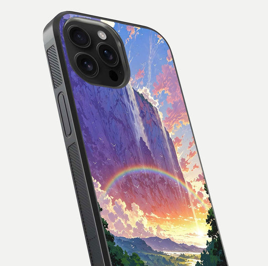 Rainbow Valley Dream Glass Case for iPhone 16 Pro Max close-up angled shot highlighting gradient tones and HD shine