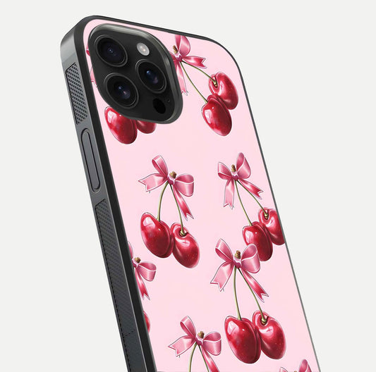 Red Cherries Pattern Glass Case for iPhone 16 Pro Max close-up angled shot showing cherry details and HD reflection