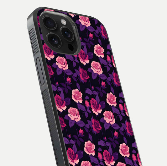 Rose Garden Twilight Glass Case for iPhone 16 Pro Max close-up angled shot highlighting rose contrast and reflection