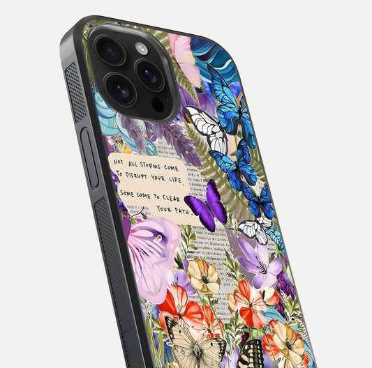 Storm Path Bloom Glass Case for iPhone 16 Pro Max close-up angled shot highlighting bloom texture and reflection
