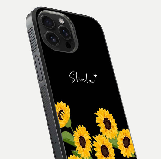 Sunflower Chic Mood Custom Name Glass Case for iPhone 16 Pro Max close-up angled shot showing HD sunflower pattern