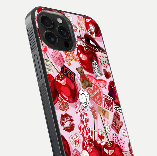 Sweet Cherry Chaos Glass Case for iPhone 16 Pro Max close-up angled shot highlighting red tone contrast and reflection