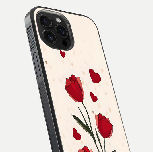 Tulip With Heart Glass Case for iPhone 16 Pro Max close-up angled shot highlighting petal details and reflection
