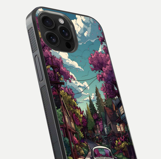 Vintage Street Drive Glass Case for iPhone 16 Pro Max close-up angled shot highlighting vintage tones and reflection