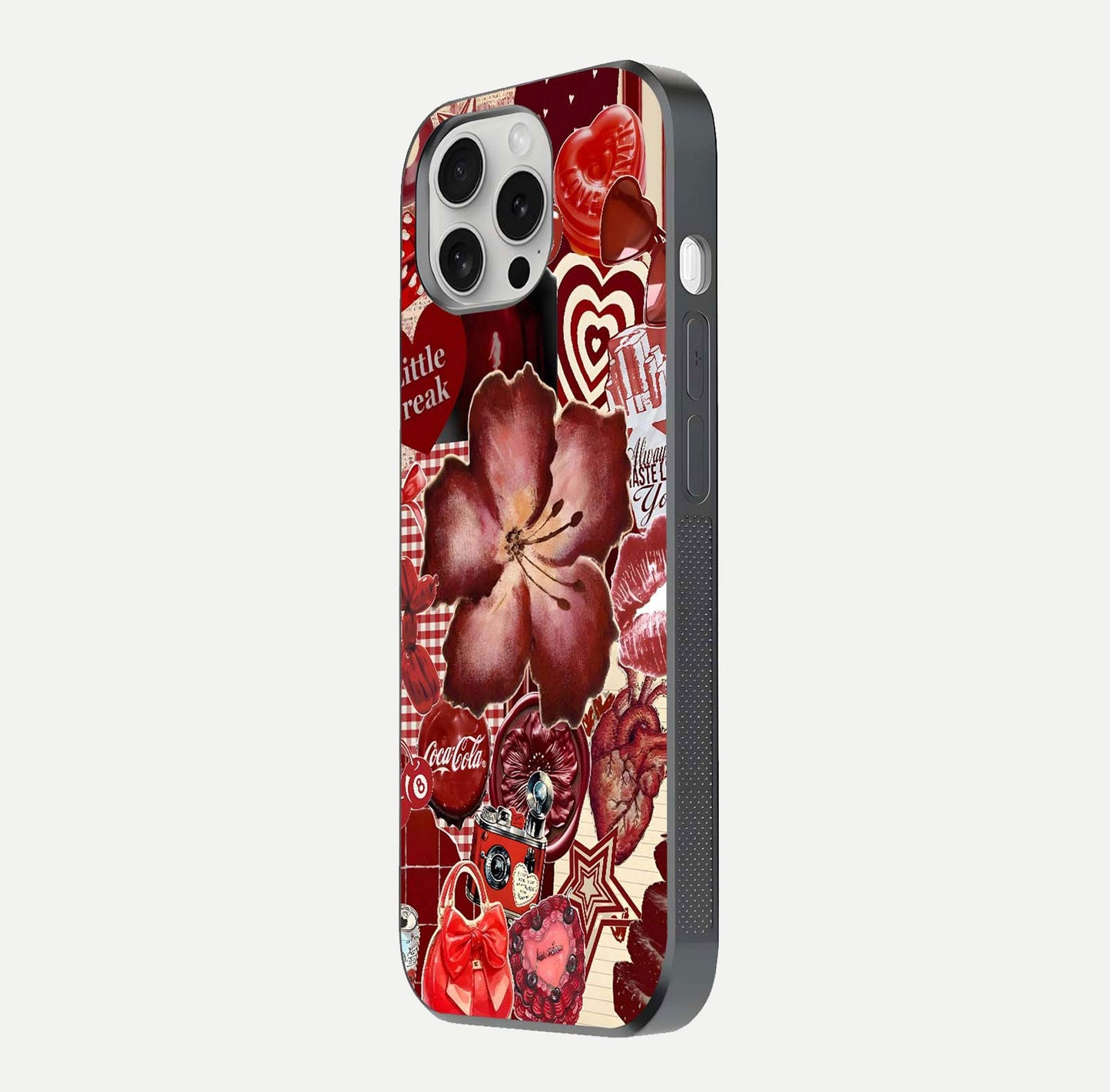 Aesthetic Little Freak Glass Case for iPhone 16 Pro side-angle image showing colorful design, camera module, and glossy finish reflection