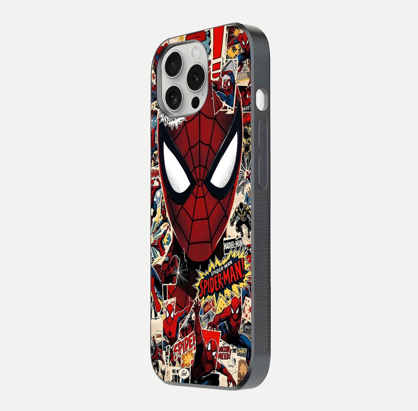 Aesthetic Wonder Spider Glass Case for iPhone 16 Pro side-angle shot showing red-blue tones and durable protective frame