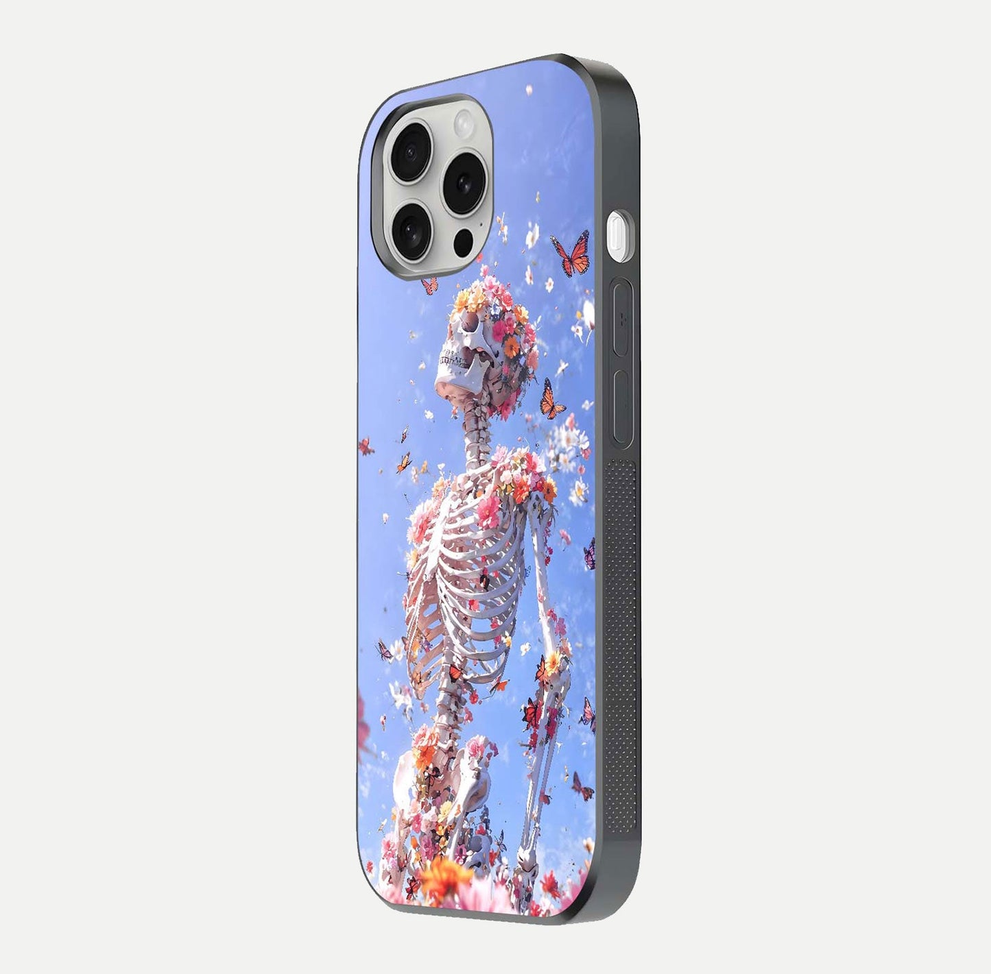 Bloom Beyond Bones Glass Case for iPhone 16 Pro side-angle image highlighting print precision and gloss finish