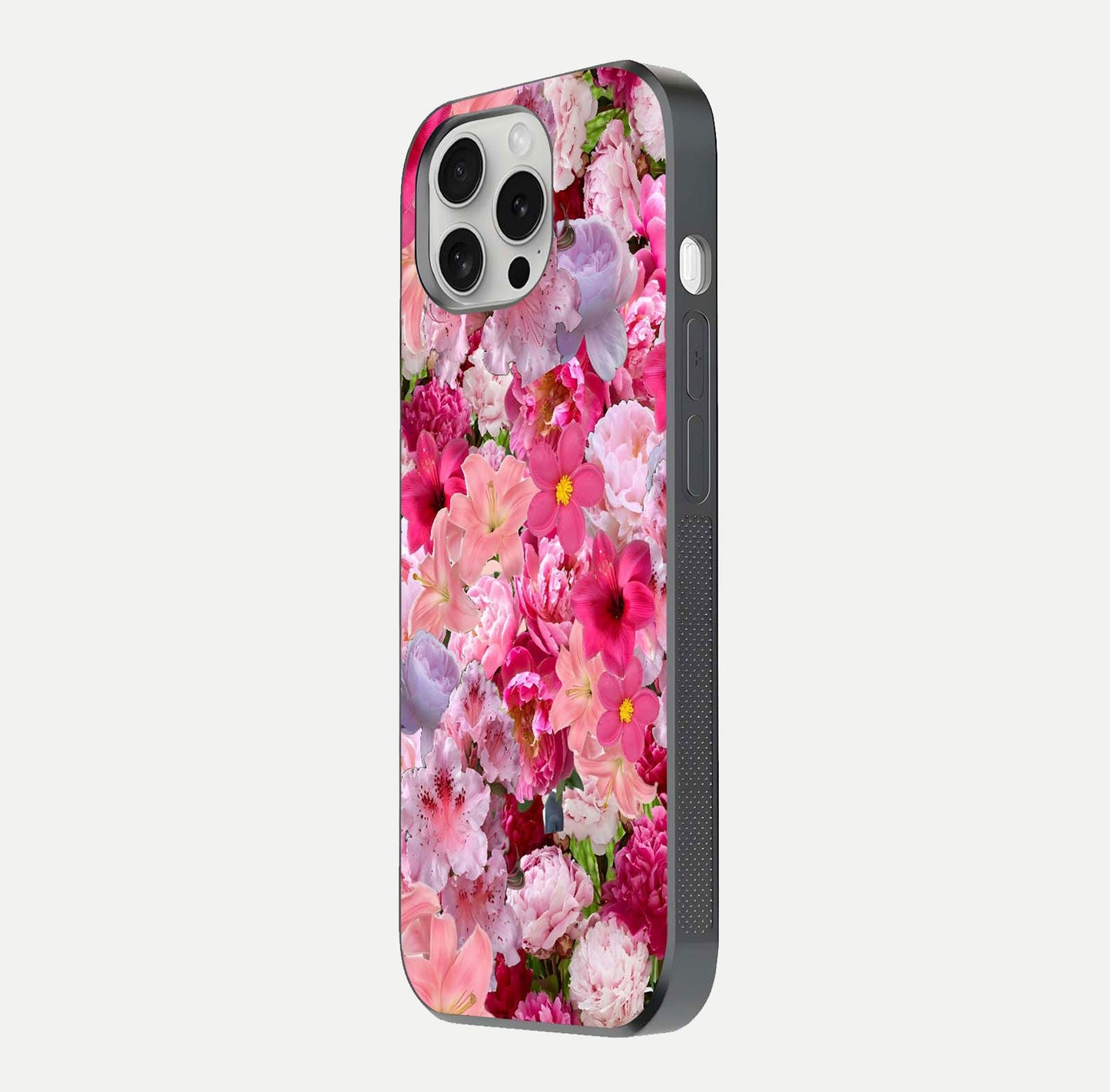 Bloom Crush Fantasy Glass Case for iPhone 16 Pro side-angle shot with fantasy bloom art and gloss surface