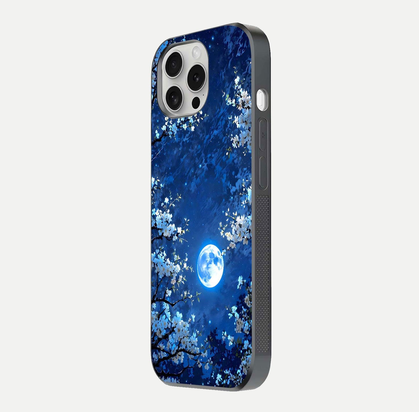 Blossom Moonlight Sky Glass Case for iPhone 16 Pro side-angle view emphasizing moonlight tones and protective edge