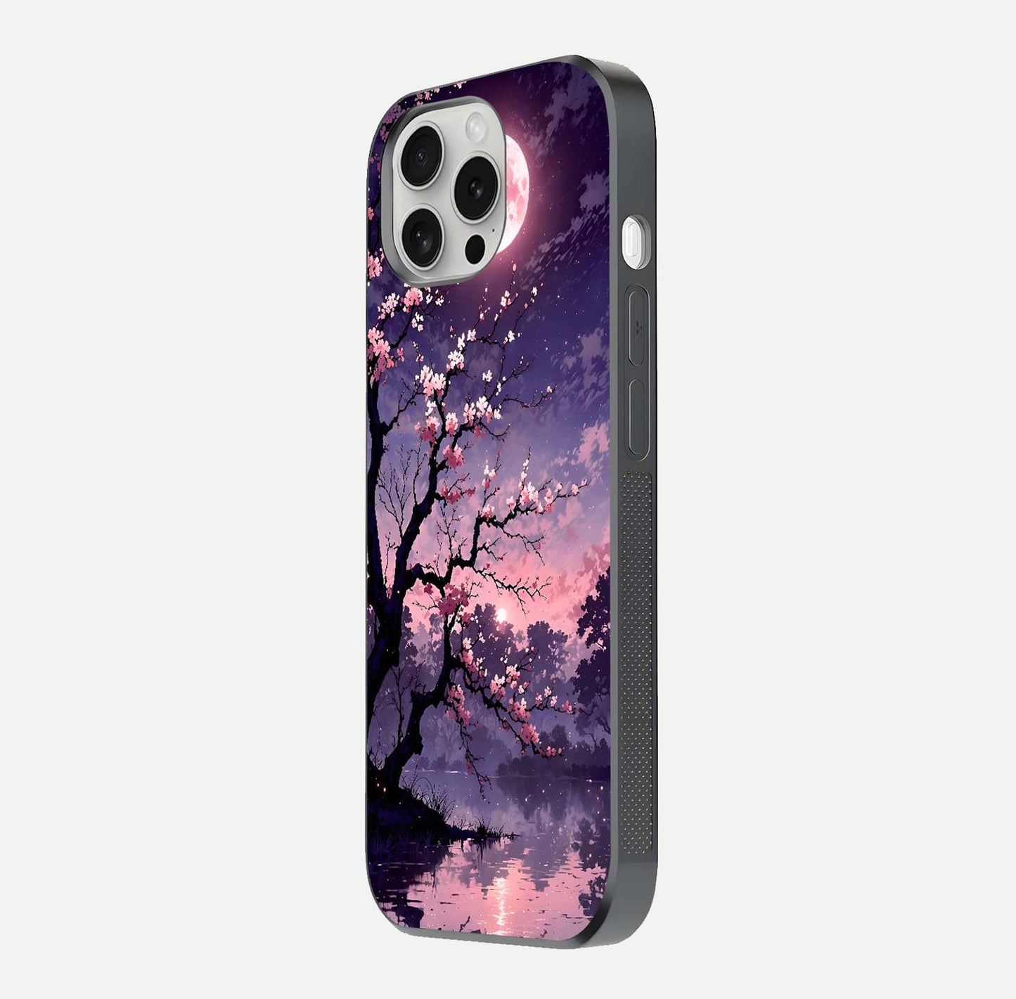Blossom Pink Moon Glass Case for iPhone 16 Pro side-angle image showing glossy curve and floral-moon balance