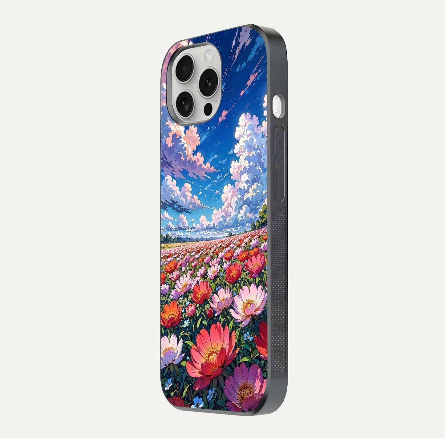 Blossom Sky Field Glass Case for iPhone 16 Pro side-angle showing sky hues, blossom texture, and reflective shine