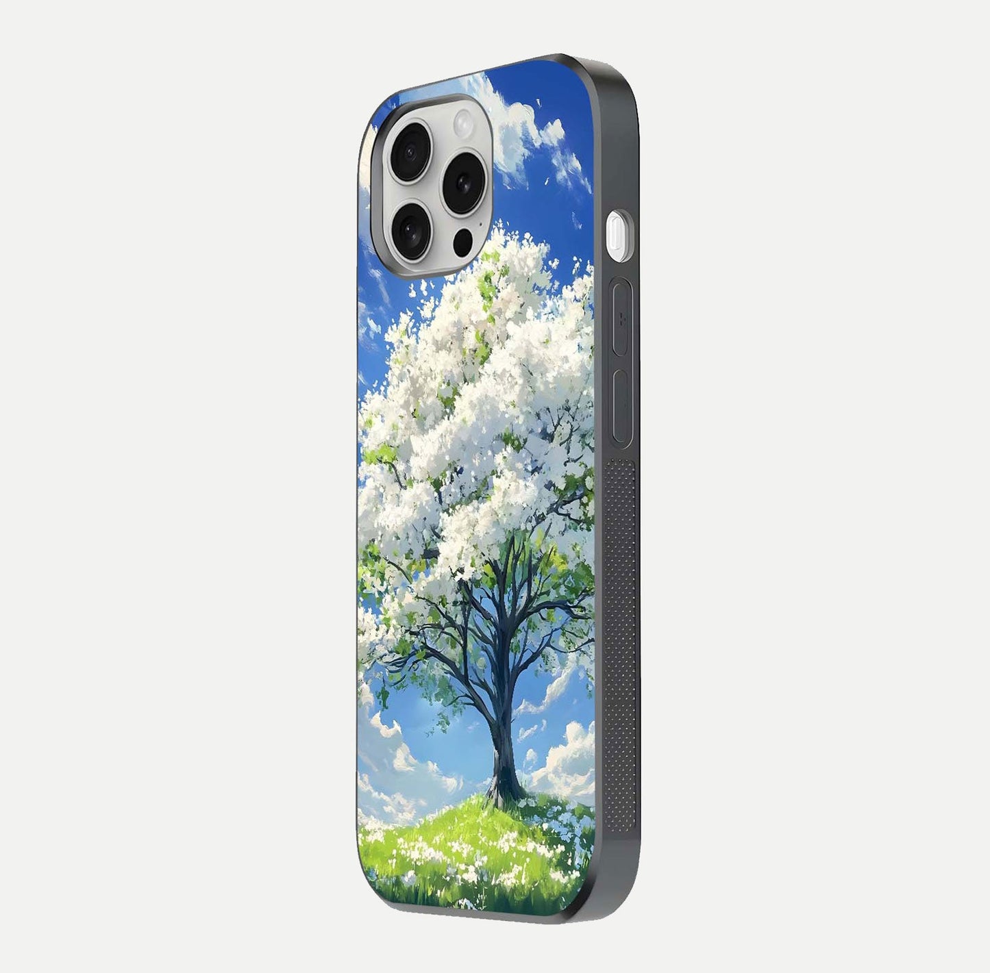 Blossom Sky Serenity Glass Case for iPhone 16 Pro side-angle image showing elegant edge flow and light reflection