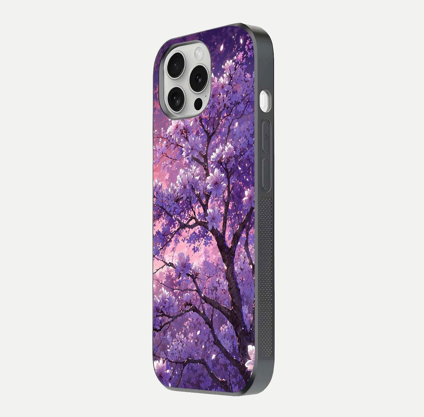Blossom Tree Glass Case for iPhone 16 Pro side-angle image showing floral tree artwork and reflection gloss