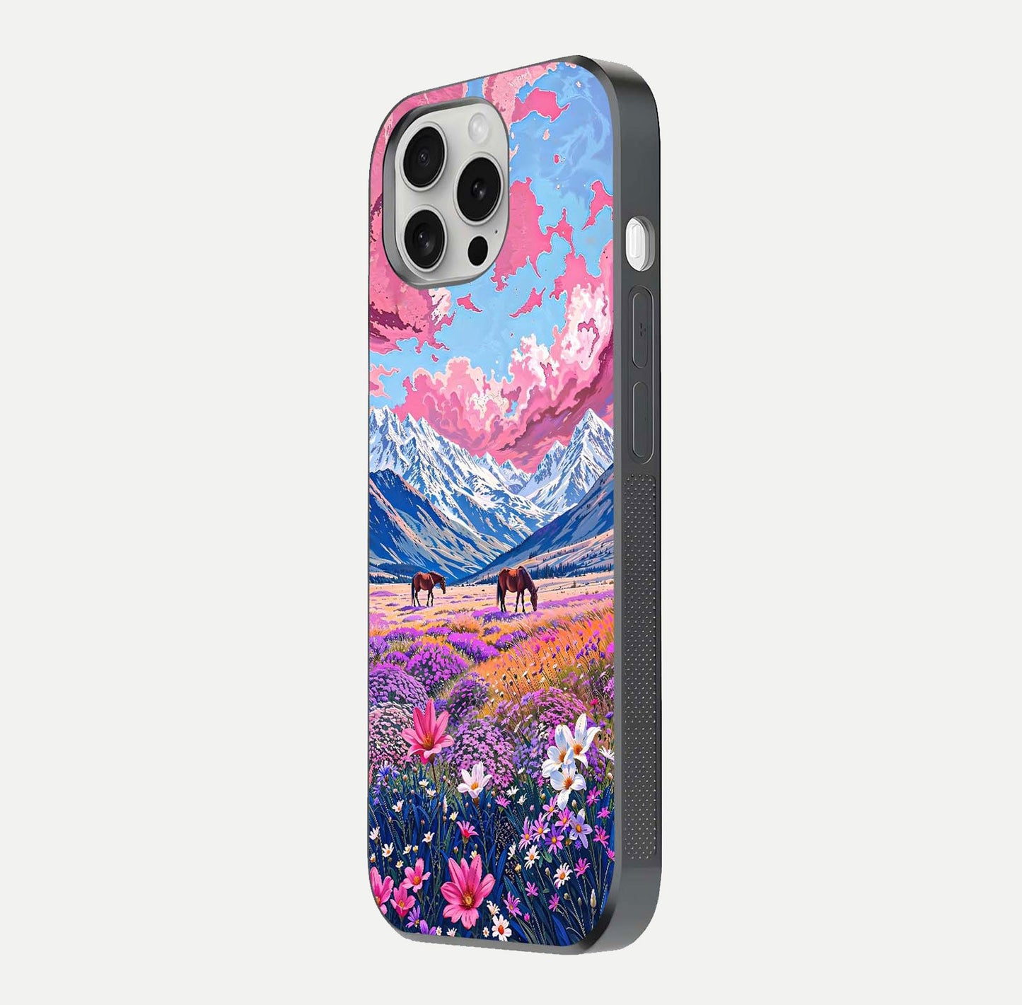 Blossom Valley Dream Glass Case for iPhone 16 Pro side-angle shot showcasing bloom tones and gloss texture