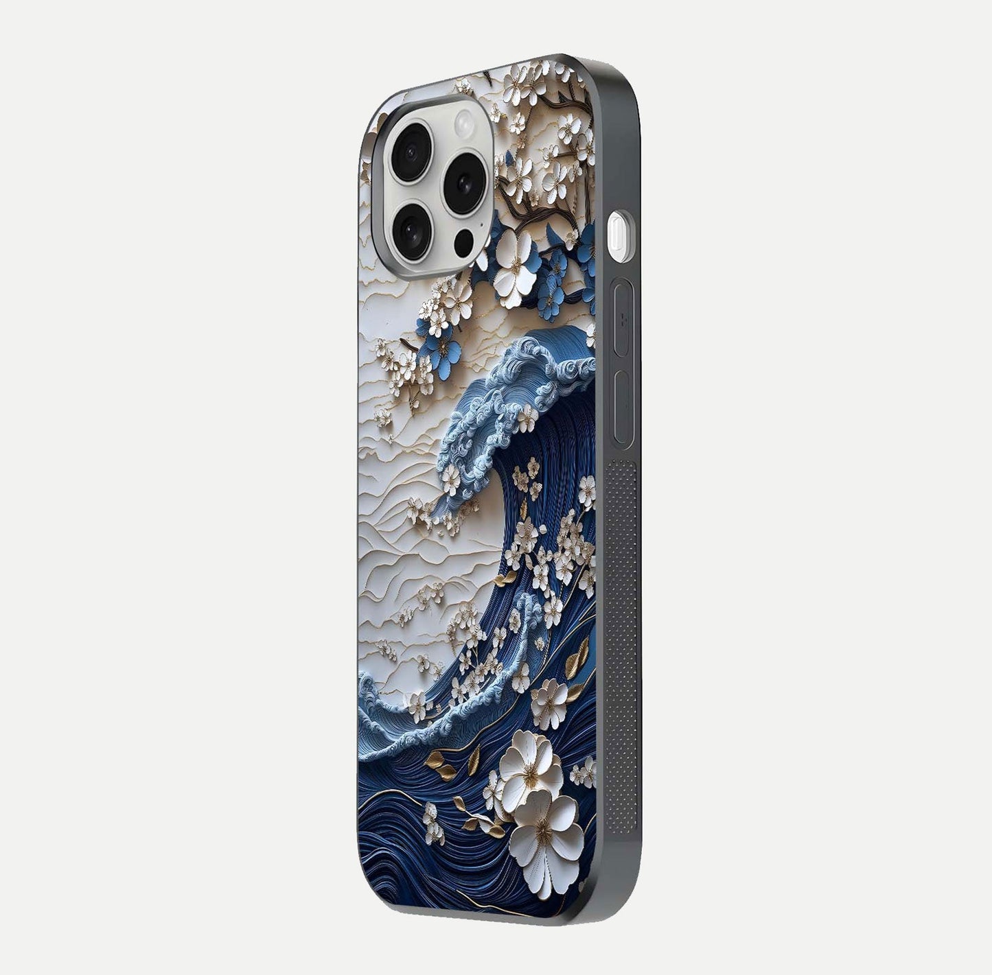 Blossom Wave Art Glass Case for iPhone 16 Pro side-angle view showing wave-flow print and gloss edge finish