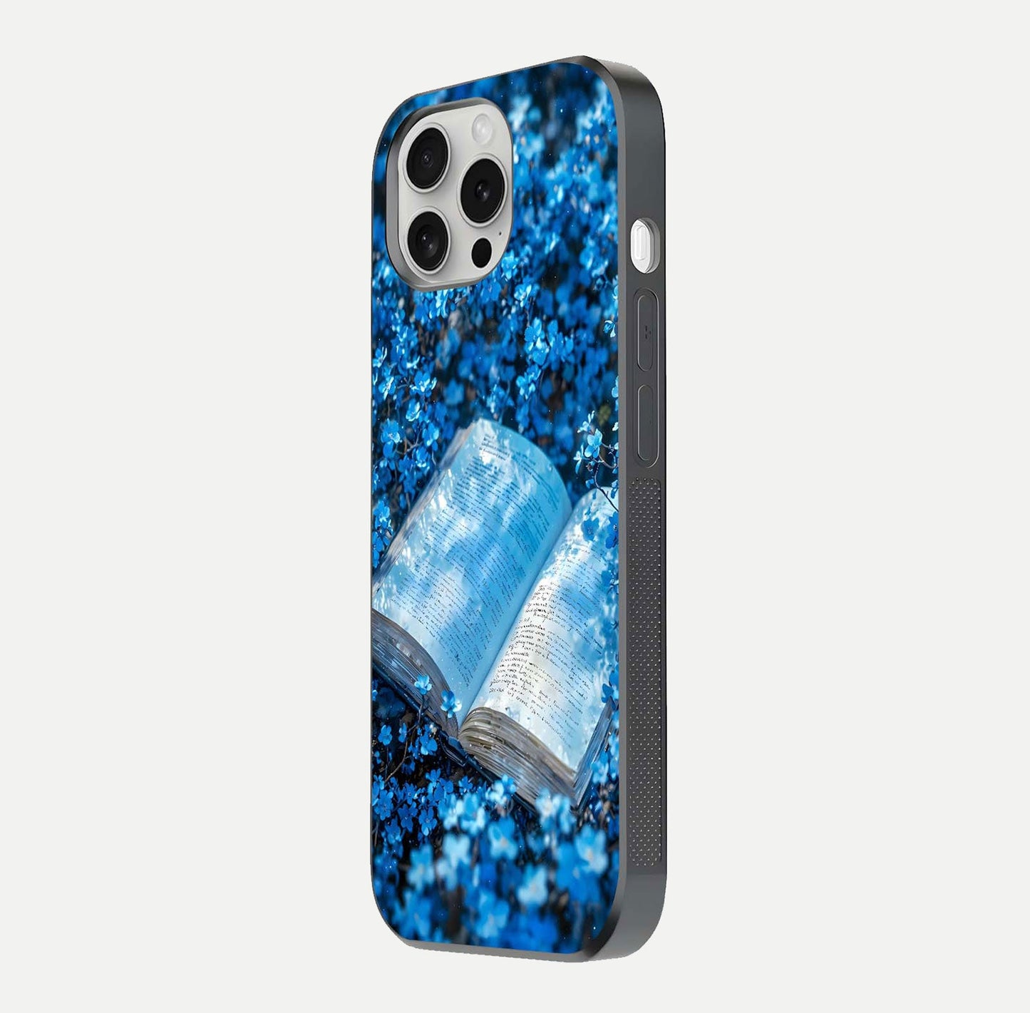 Blue Bloom Tales Glass Case for iPhone 16 Pro side-angle image showing blue floral pattern and glossy finish