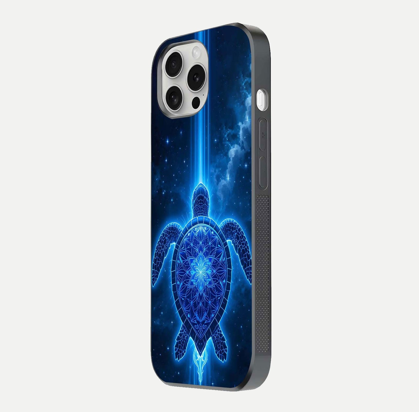 Blue Galaxy Turtle Glass Case for iPhone 16 Pro side-angle photo capturing galaxy shine and smooth edge design