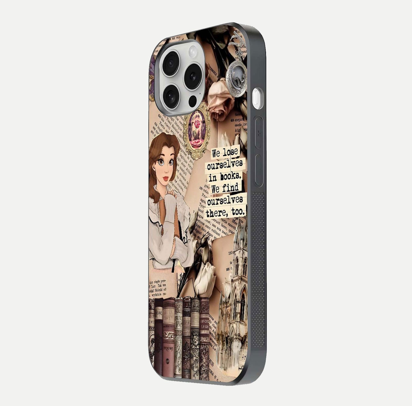 Bookish Dream World Glass Case for iPhone 16 Pro side-angle image showing detail depth and smooth corner polish