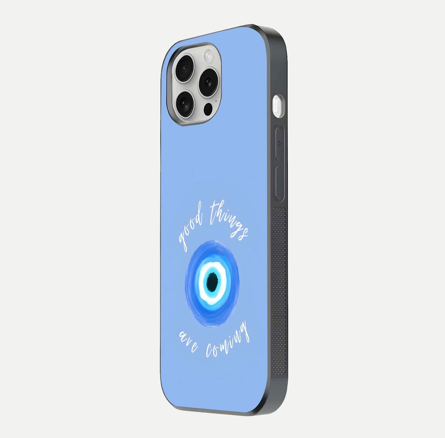 Bright Future Ahead Glass Case for iPhone 16 Pro side-angle image displaying edge smoothness and reflective surface