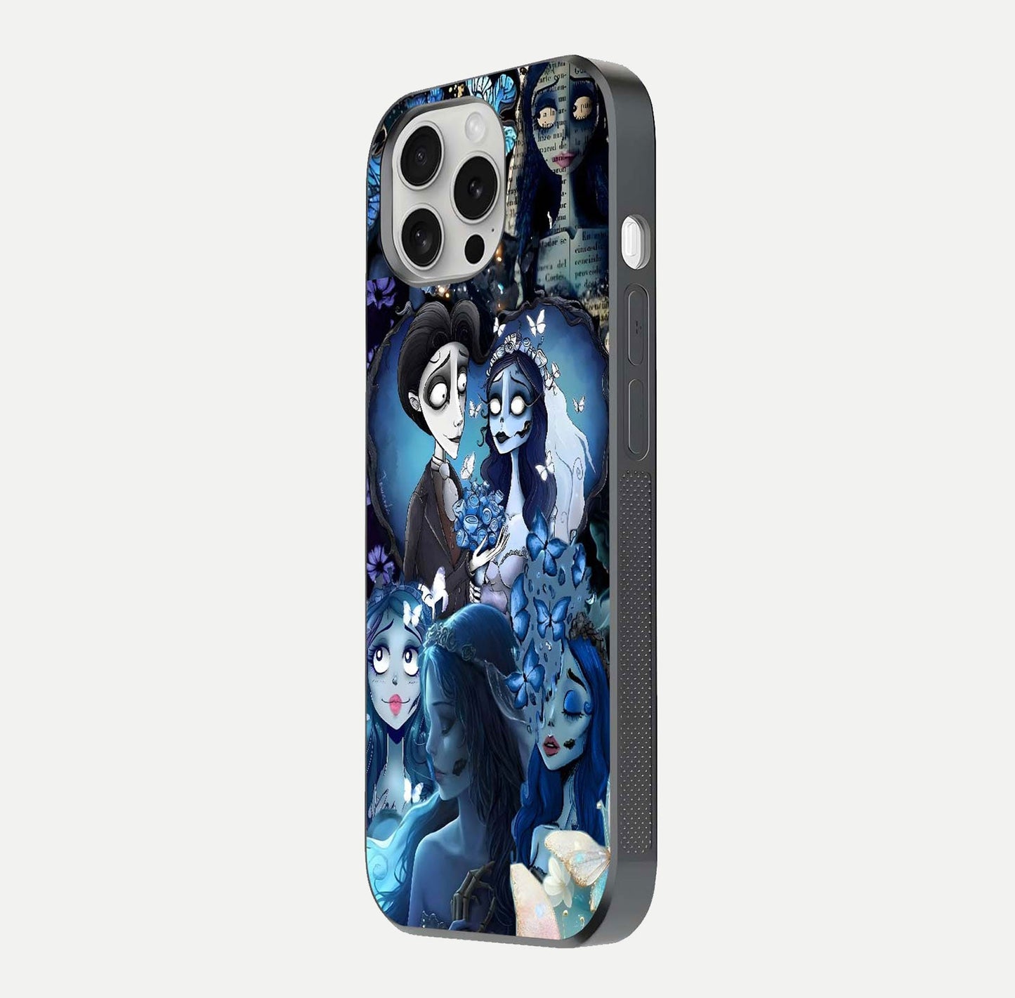 Butterfly Ghost Soul Glass Case for iPhone 16 Pro side-angle image capturing edge light and deep design tones