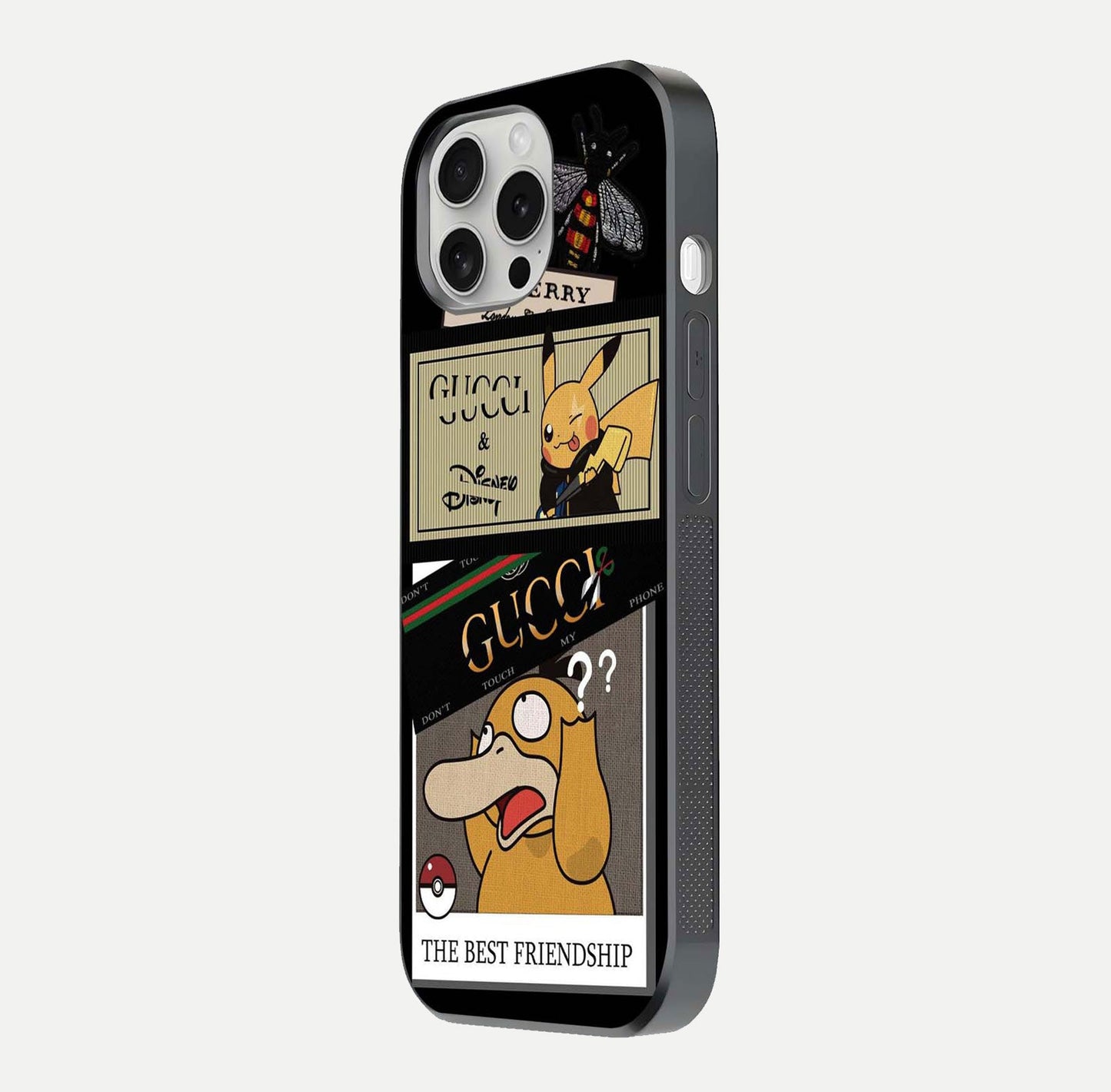 Cartoon Brand Play Mashup Glass Case for iPhone 16 Pro side-angle image showing reflection brightness and fun graphic mix