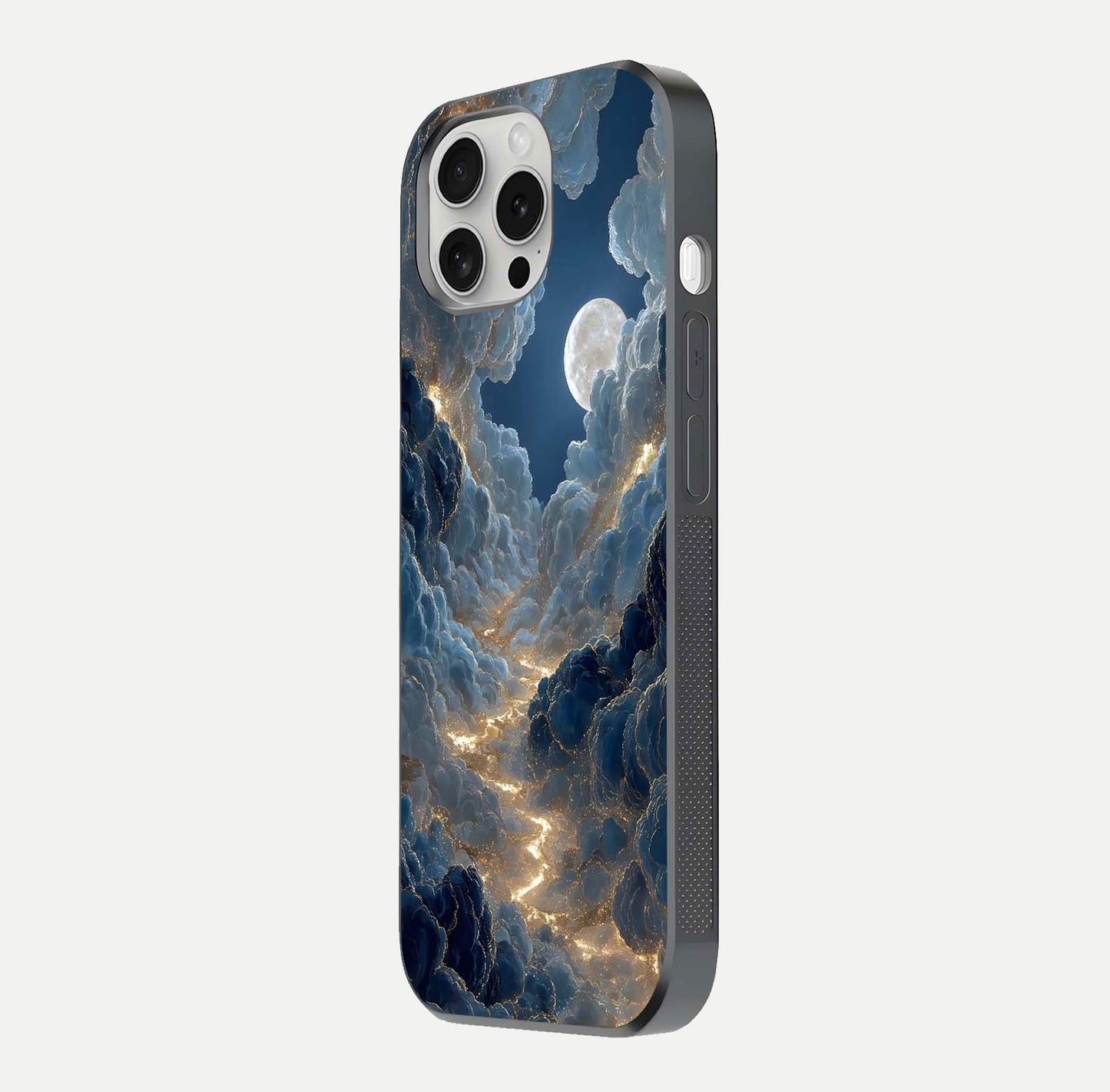 Celestial Cloud Road Glass Case for iPhone 16 Pro side-angle image showing soft pastel tones and edge clarity