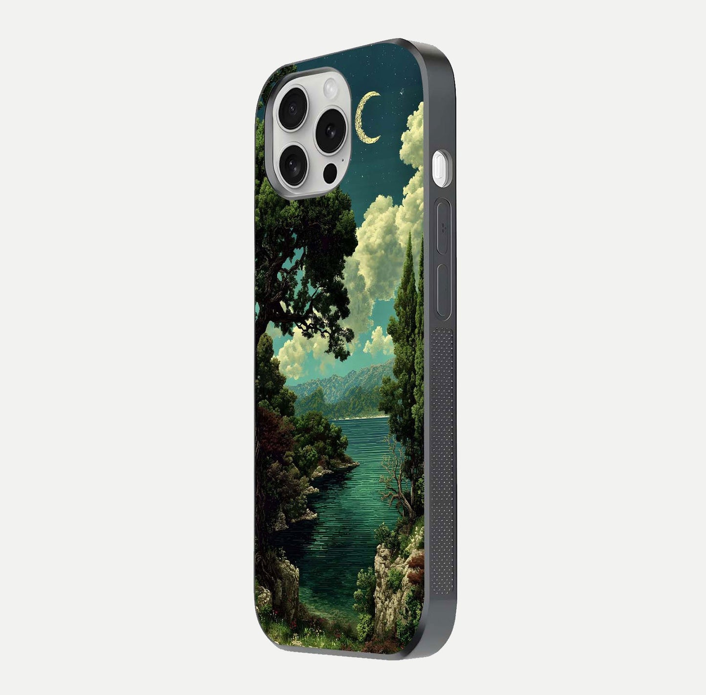 Celestial Lake Peace Glass Case for iPhone 16 Pro side-angle image displaying reflective glow and gentle edges