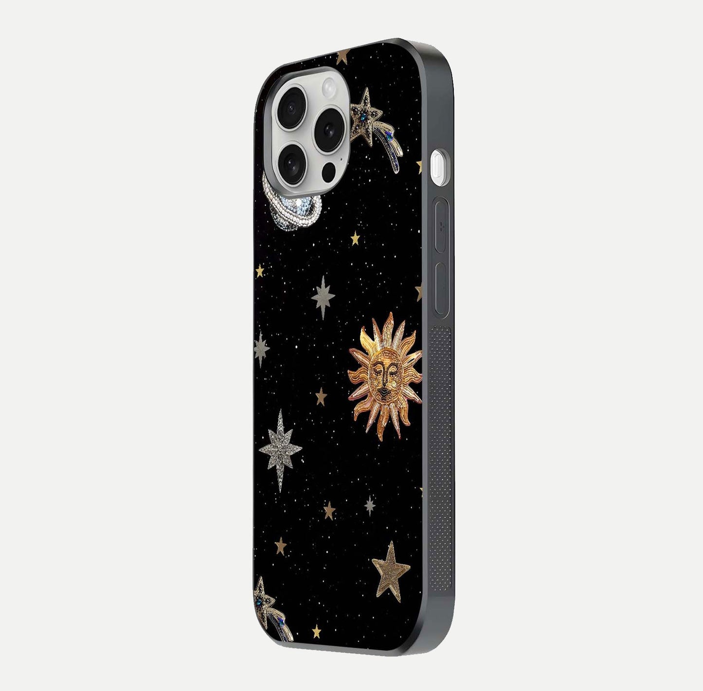 Celestial Moon With Stars Glass Case for iPhone 16 Pro side-angle view showing curved edges and shimmer glow