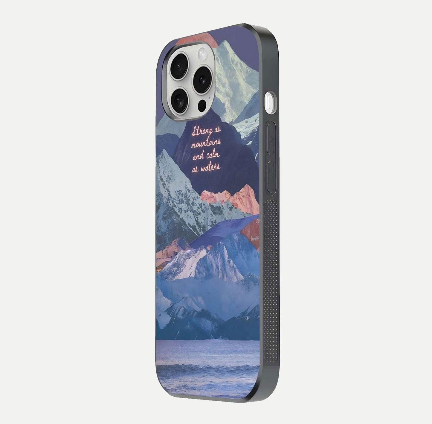 Celestial Mountain Calm Glass Case for iPhone 16 Pro side-angle image capturing mountain detail and shine gradient