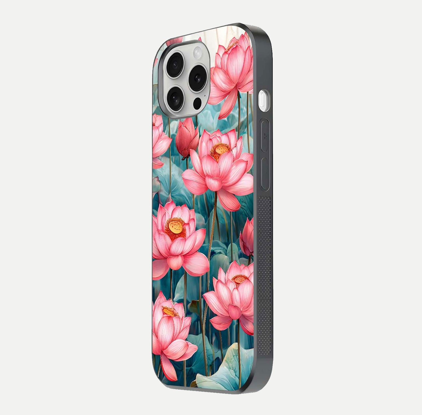 Celestial Pink Lotus Glass Case for iPhone 16 Pro side-angle image showing reflective shine and petal curve