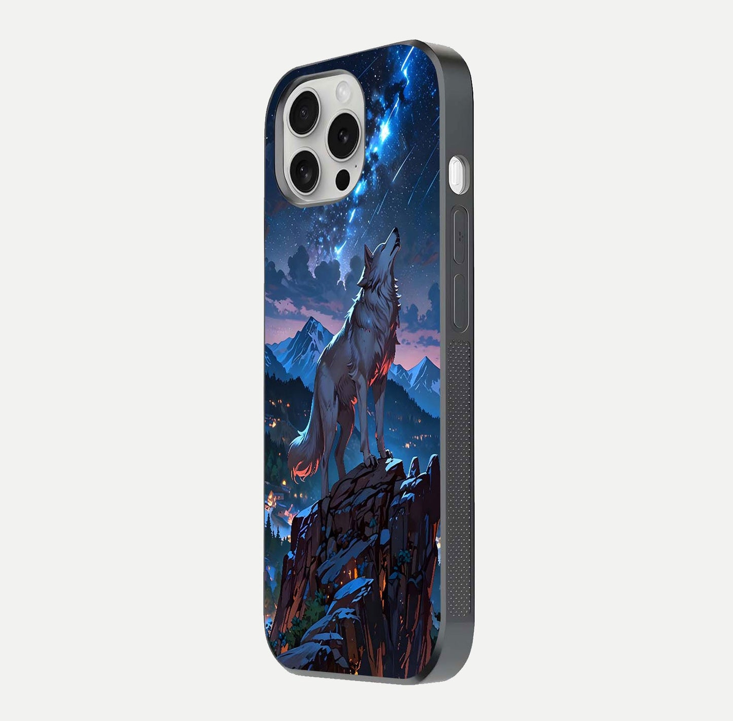 Celestial Wolf Howl Glass Case for iPhone 16 Pro side-angle image showing curve polish and moon glow