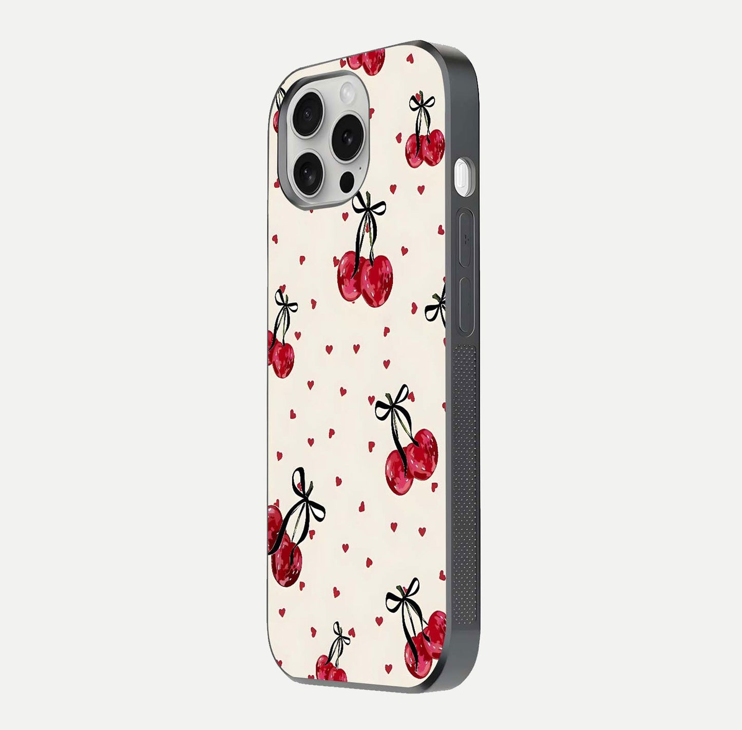 Cherry Heart Bow Glass Case for iPhone 16 Pro side-angle image capturing gloss texture and charm bow art