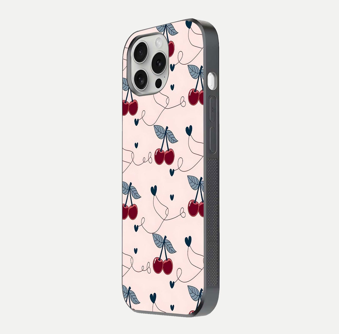 Cherry Heart Line Glass Case for iPhone 16 Pro side-angle view capturing smooth curves and shine effect