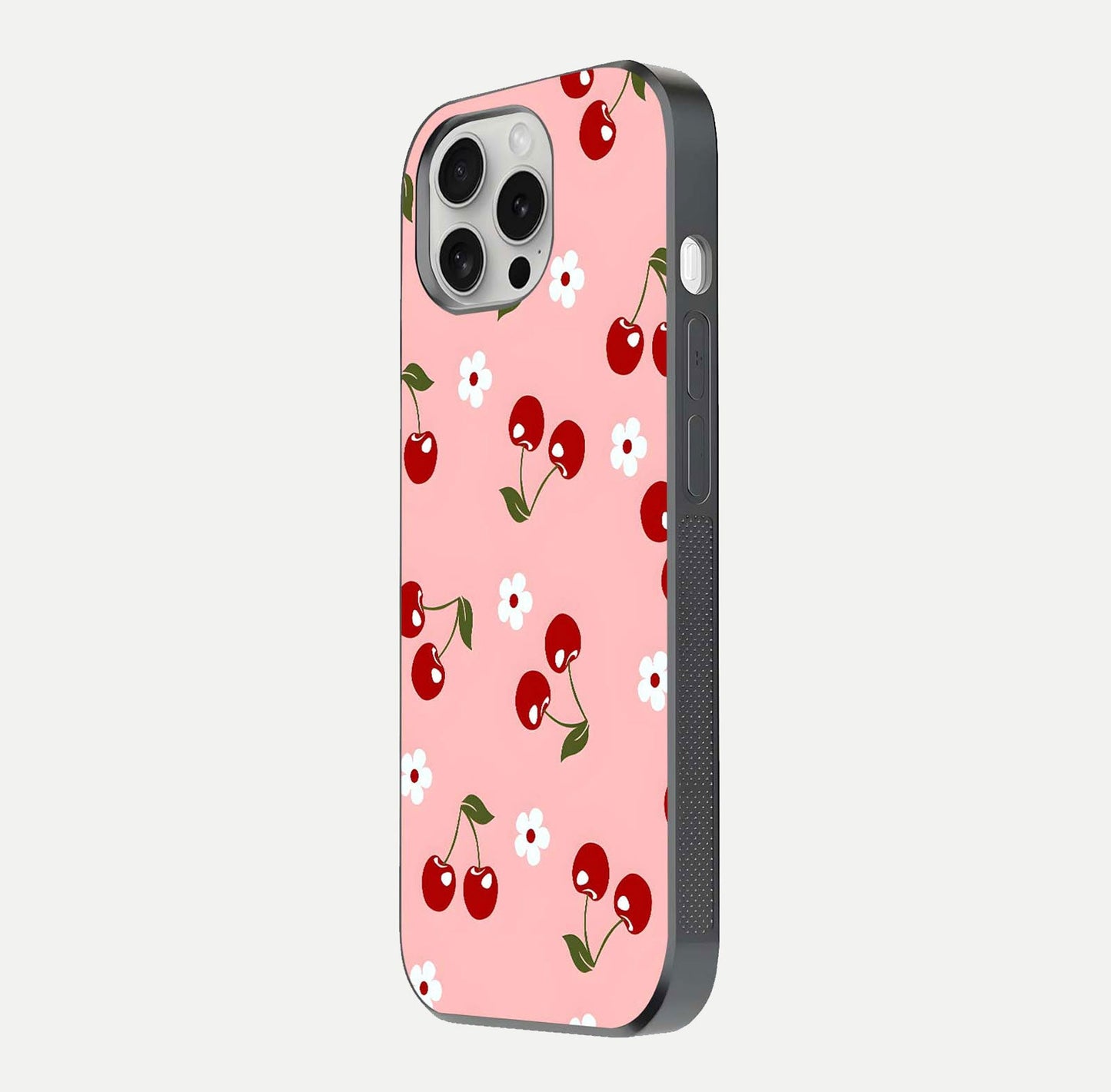 Cherry Love Mood Glass Case for iPhone 16 Pro side-angle image capturing smooth gloss and delicate details