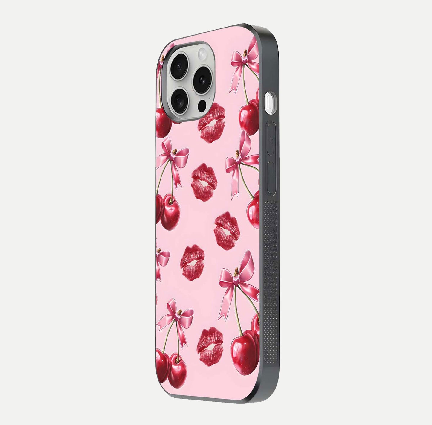Cherry With Lips Glass Case for iPhone 16 Pro side-angle image showing gloss reflection and fine details