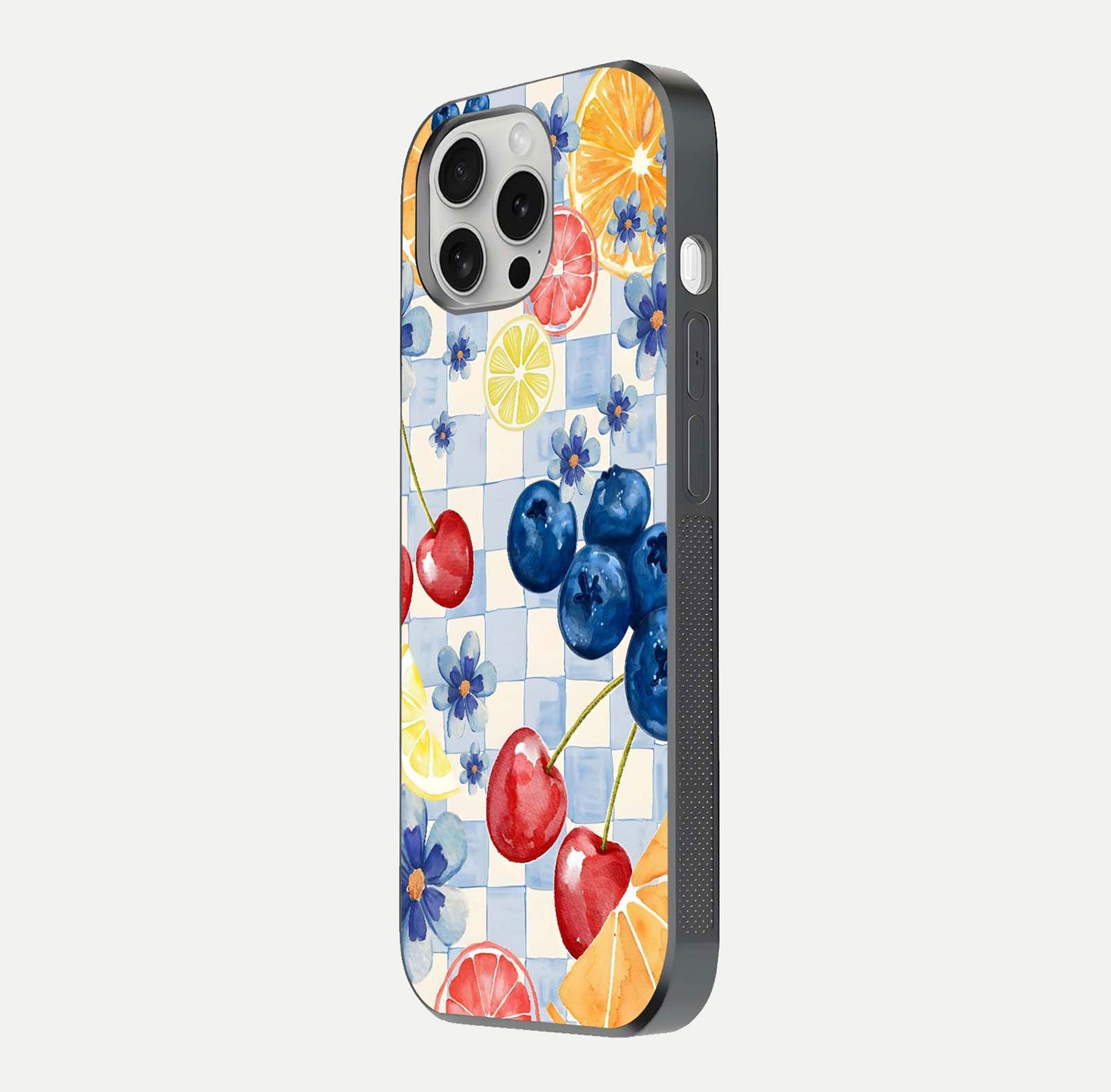 Citrus Bloom Joy Glass Case for iPhone 16 Pro side-angle photo capturing bright color and glass reflection