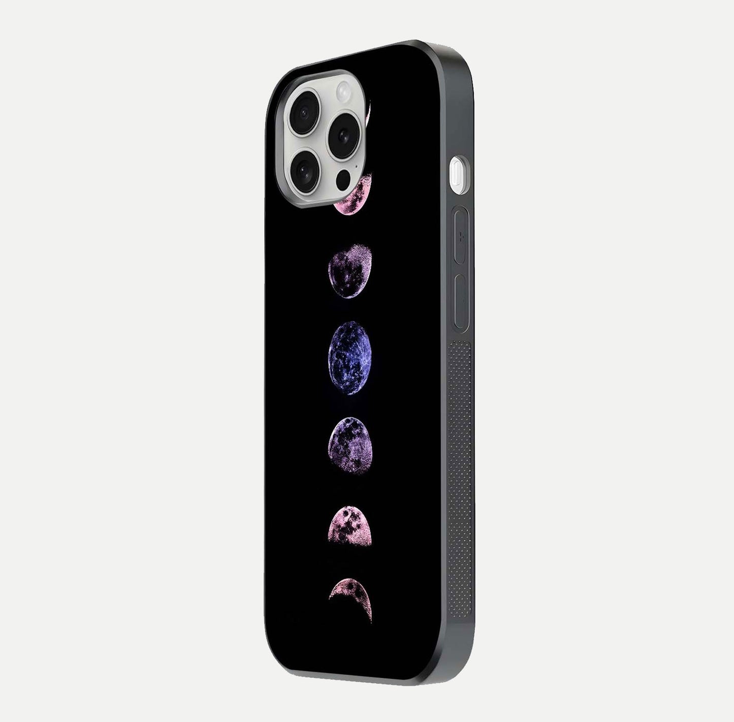 Crimson All Planets Glass Case for iPhone 16 Pro side-angle photo capturing edge glow and glass reflection