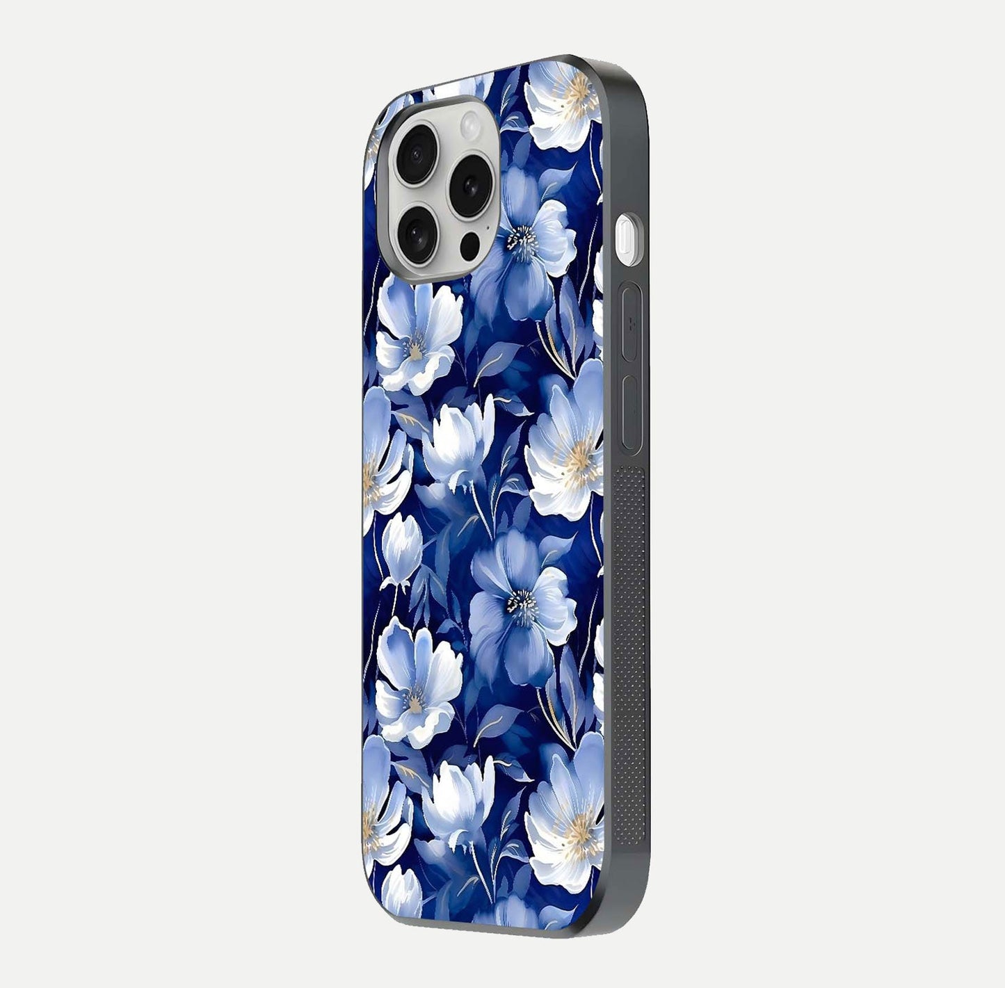 Cute Floral Patterns Glass Case for iPhone 16 Pro side-angle image showing polished surface and gloss tone