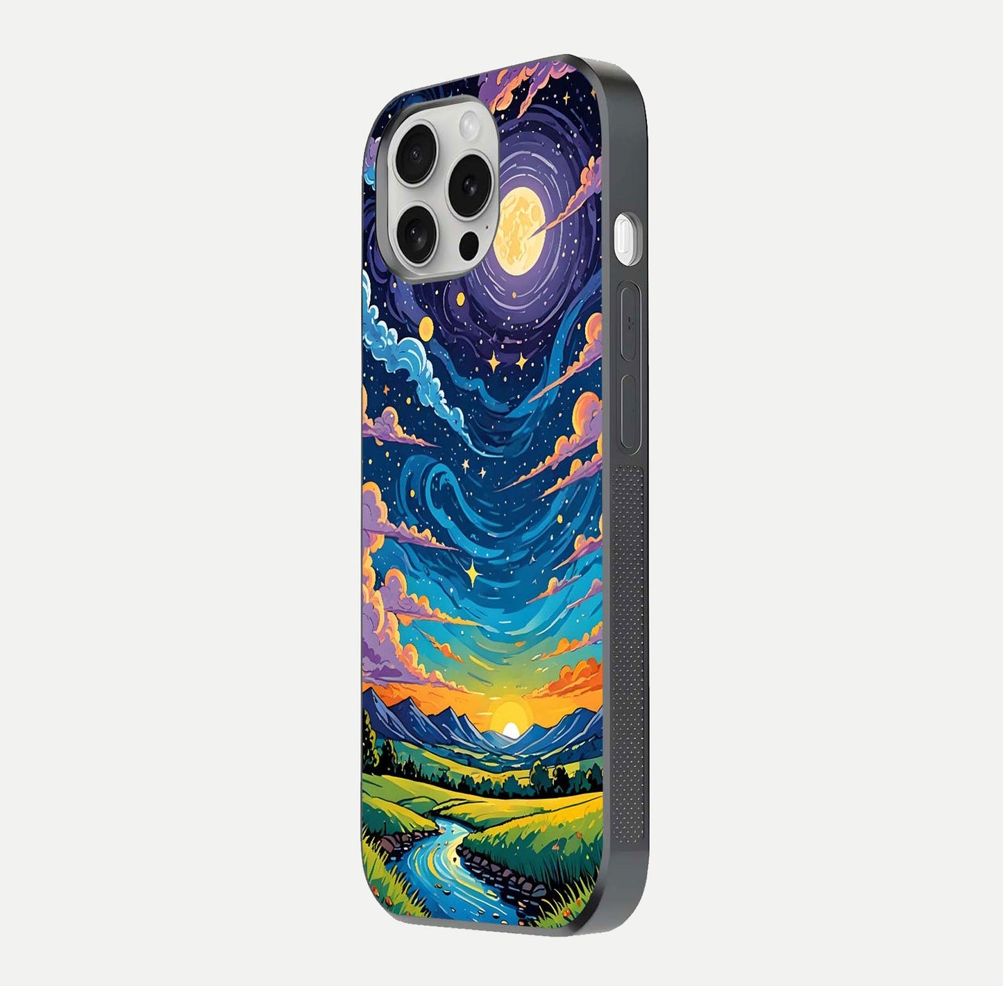Dreamy Night Landscape Glass Case for iPhone 16 Pro side-angle photo capturing reflection glow and edge detail