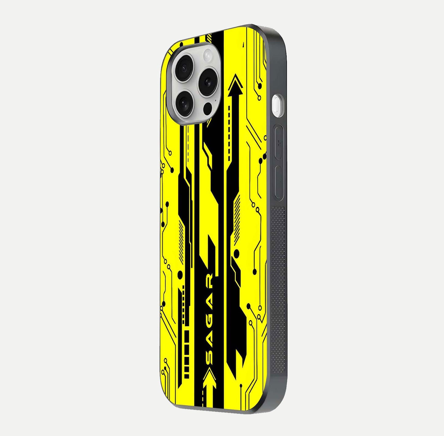 Electric Pulse CYBERPUNK Custom Name Glass Case for iPhone 16 Pro side-angle image showing glossy reflection and edge illumination
