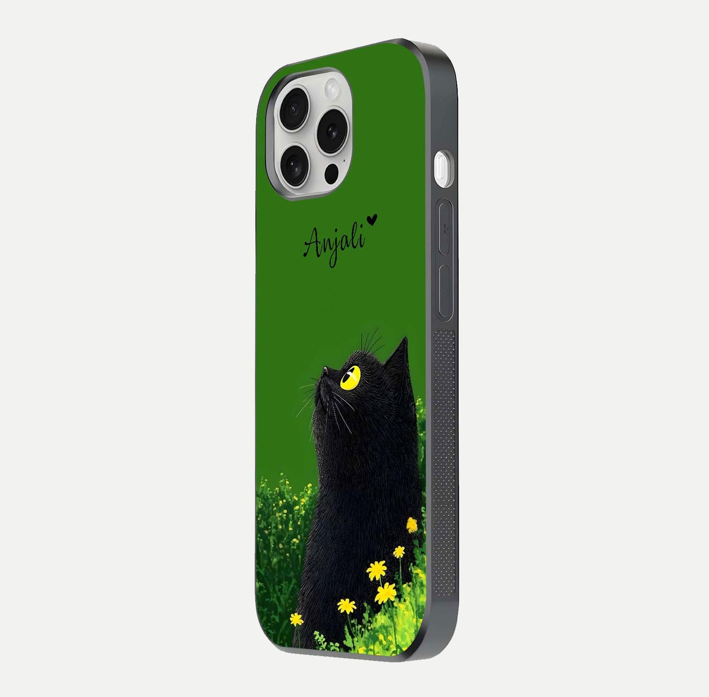 Emerald Cat Custom Name Glass Case for iPhone 16 Pro side-angle photo showing name clarity and glass reflection