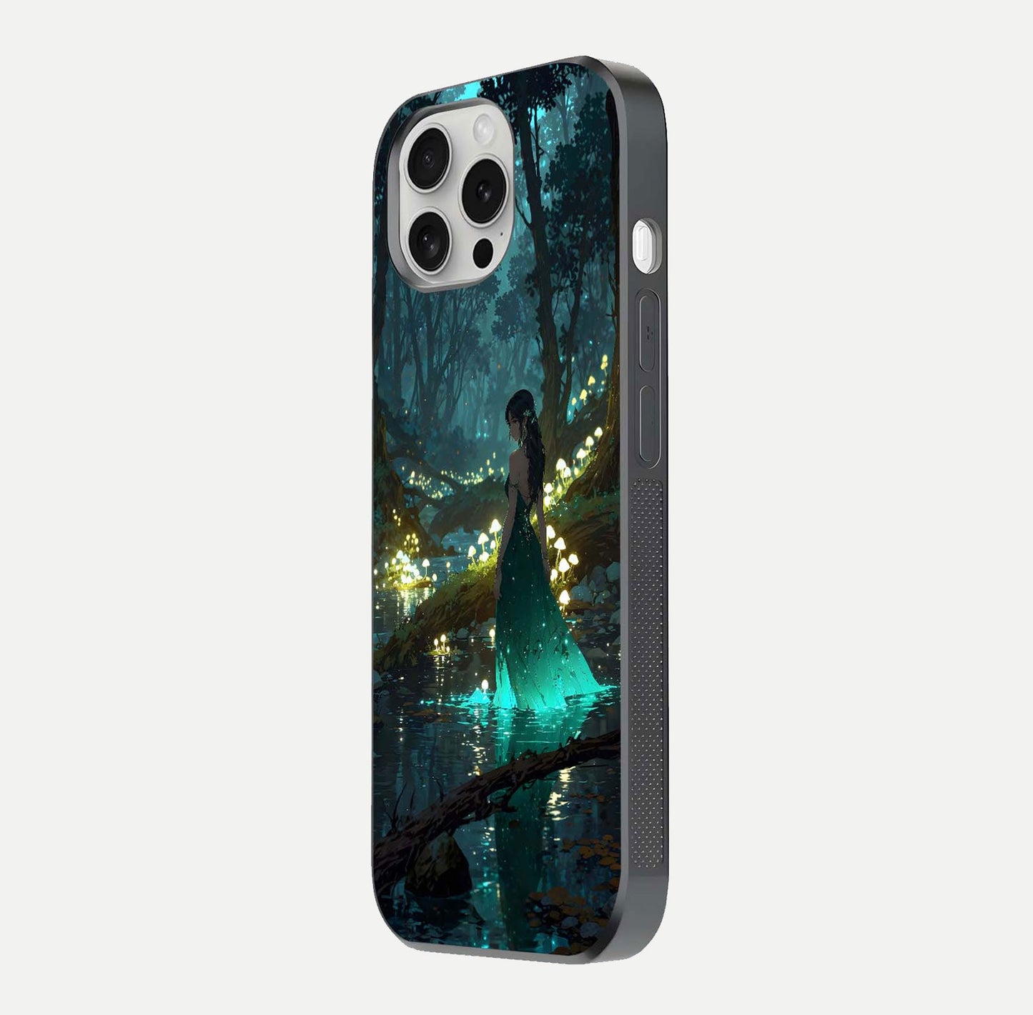 Enchanted Forest Glow Glass Case for iPhone 16 Pro side-angle image capturing shine reflection and rich detail