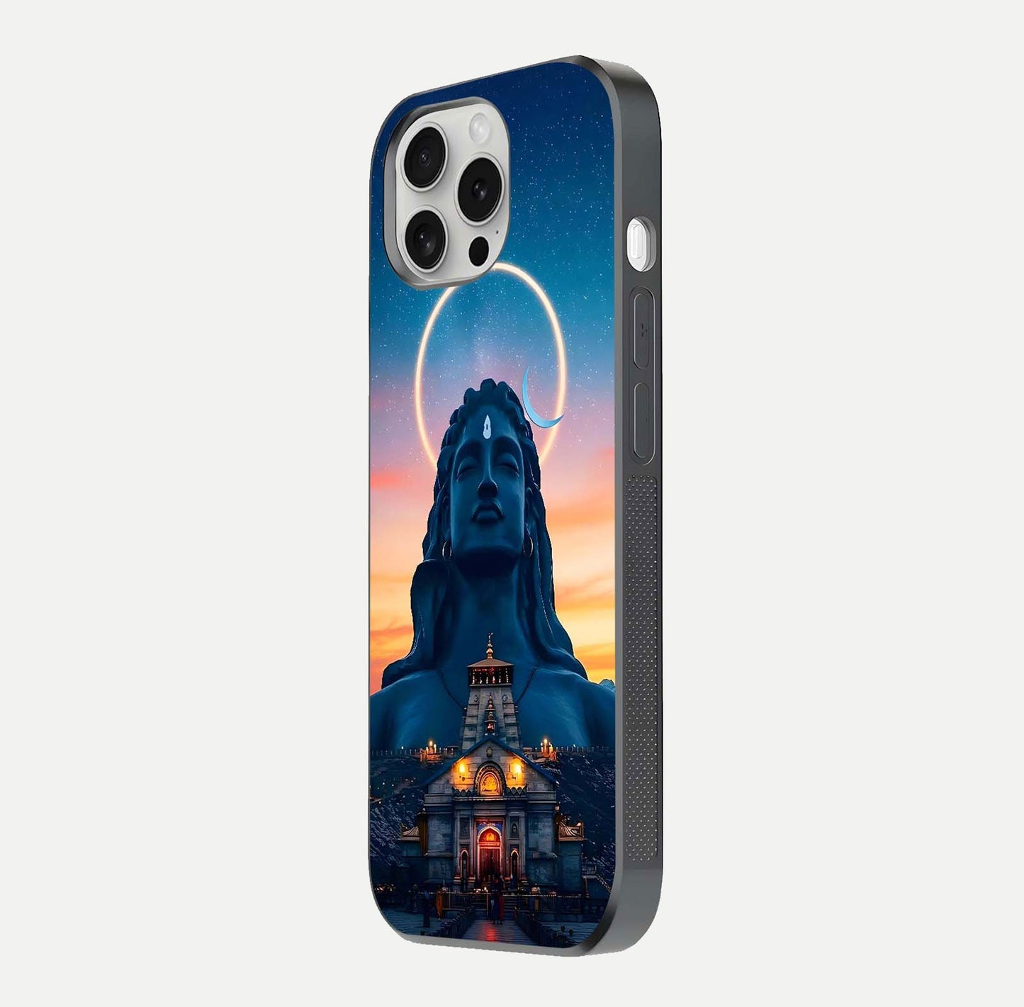 Eternal Shiva Aura Glass Case for iPhone 16 Pro side-angle image showing reflection clarity and rich tone