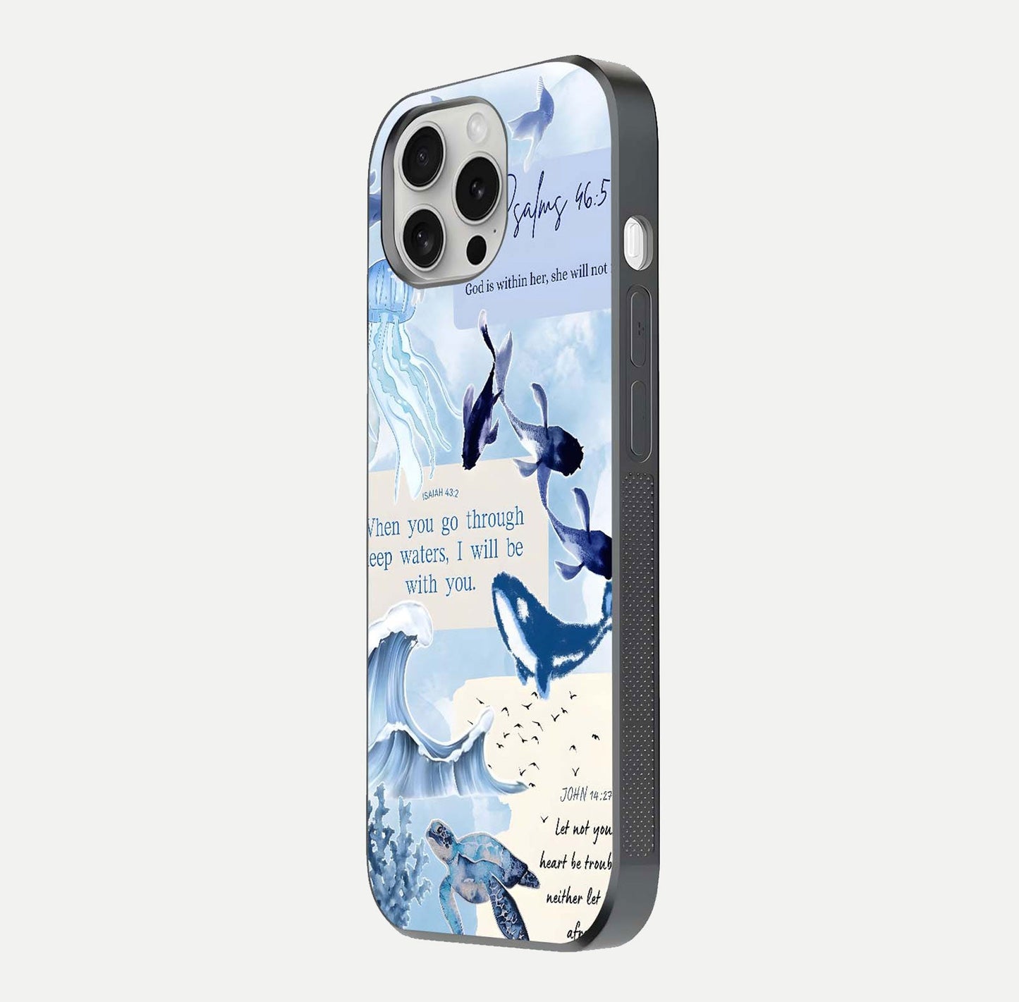 Faithful Ocean Promise Glass Case for iPhone 16 Pro side-angle photo showing reflection glow and color clarity