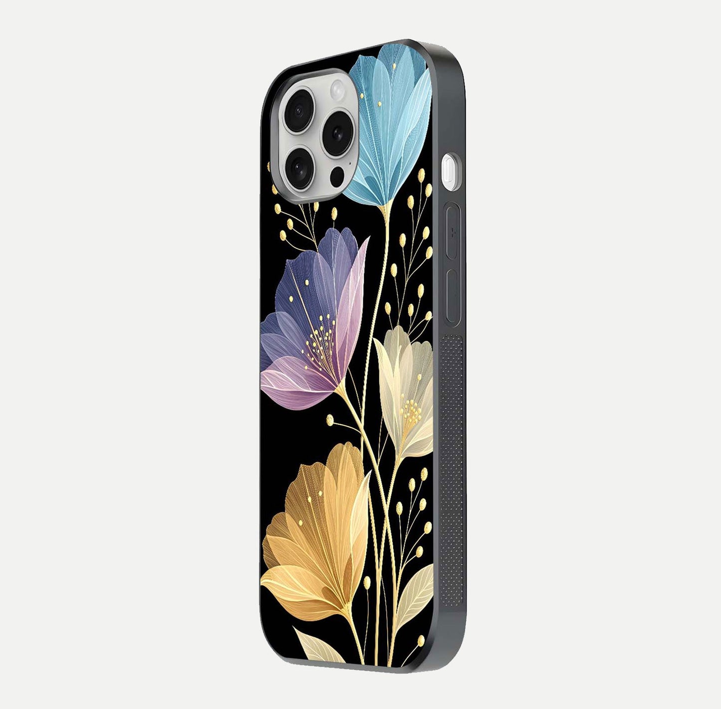 Flower Bloom Glow Glass Case for iPhone 16 Pro side-angle image capturing gloss reflection and flower glow