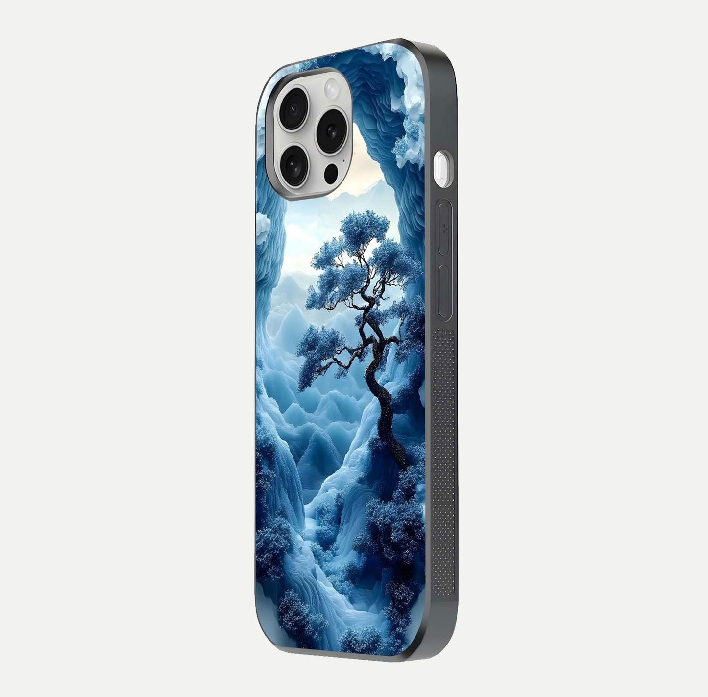 Frozen Serenity Gate Glass Case for iPhone 16 Pro side-angle photo showing reflective surface and cold tones